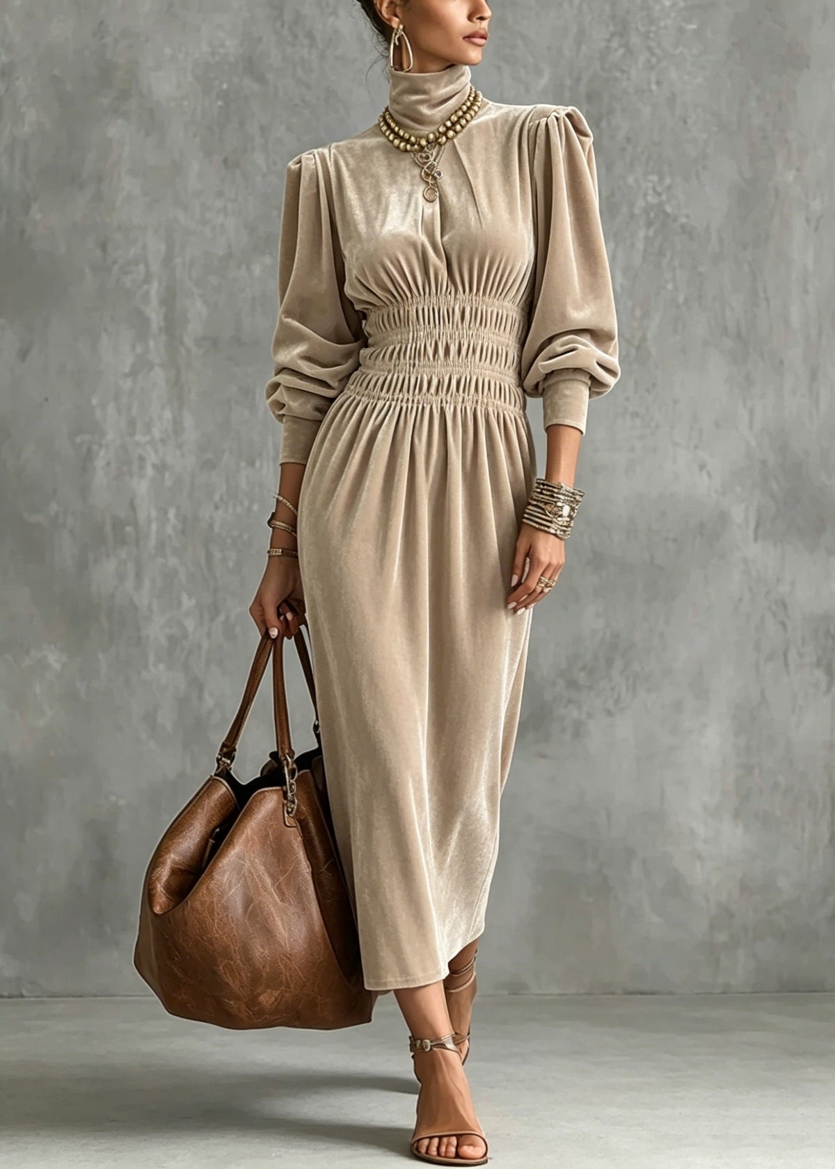 Velvet Mock Neck Lantern Sleeve Smocked Waist Midi Dress - View 5