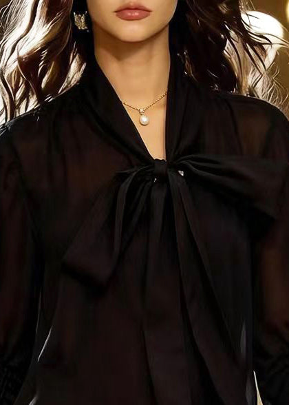 Chiffon Bow Neck Sheer Long Sleeve Ruched Tiered Ruffle Mini Dress - View 2