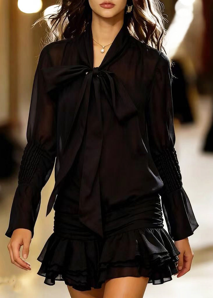 Chiffon Bow Neck Sheer Long Sleeve Ruched Tiered Ruffle Mini Dress - View 3