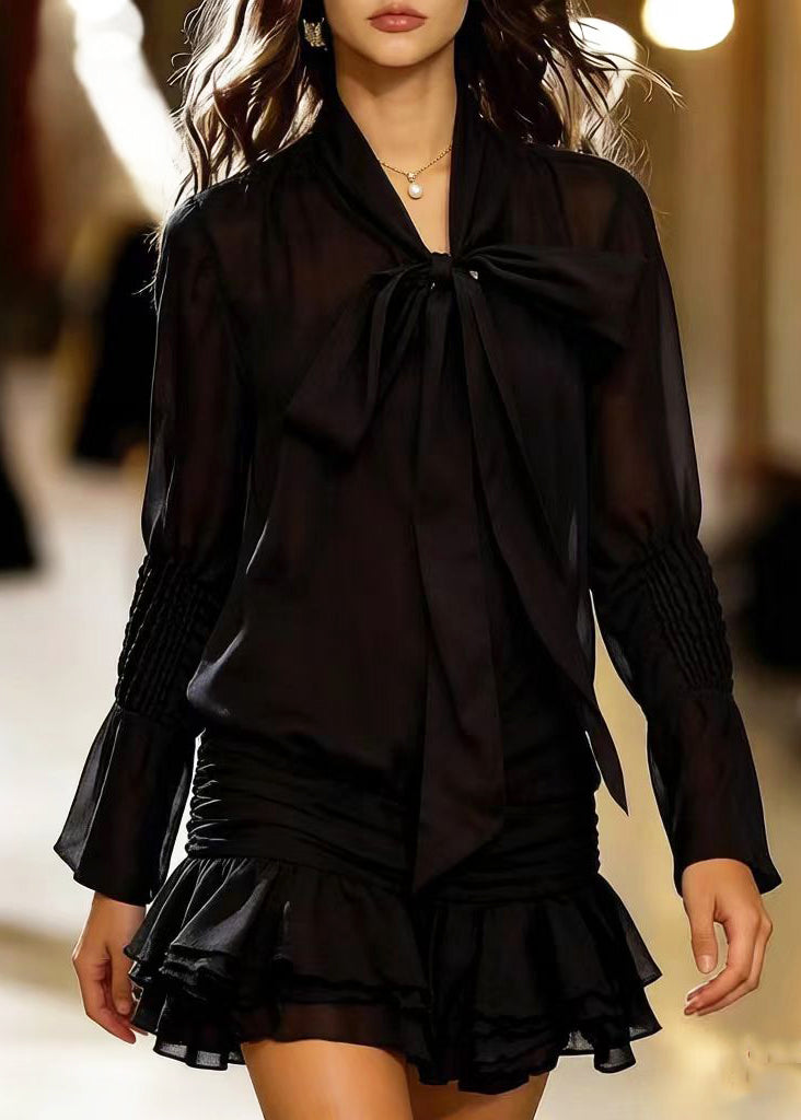 Chiffon Bow Neck Sheer Long Sleeve Ruched Tiered Ruffle Mini Dress - View 5