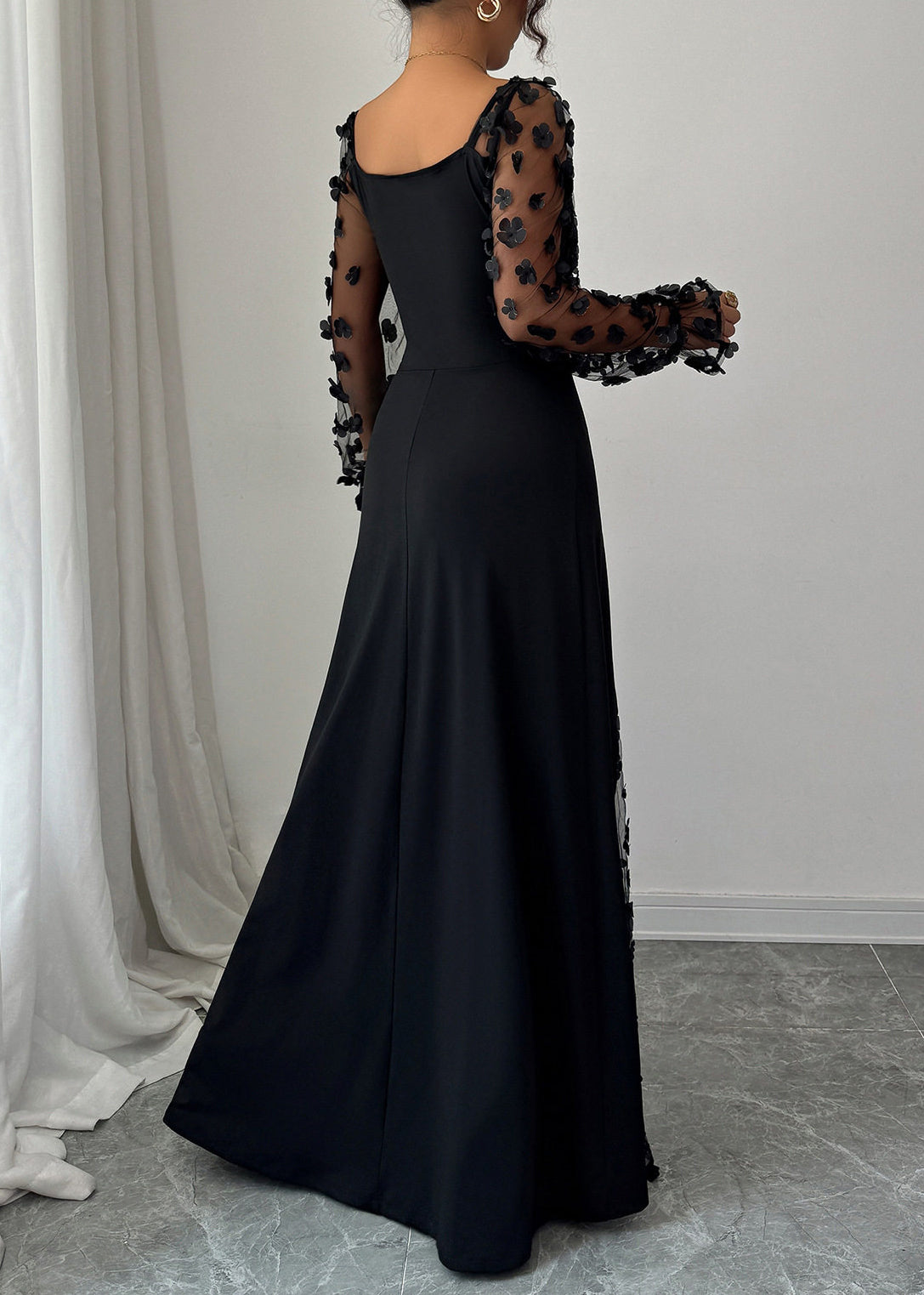 Square Neck Bishop Sleeve Mesh Floral Applique High Split Maxi Gown - View 5
