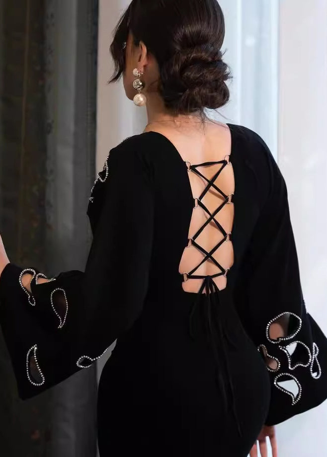 Mermaid Round Neck Bell Sleeve Rhinestone Cut Out Tiered Ruffle Gown - View 5