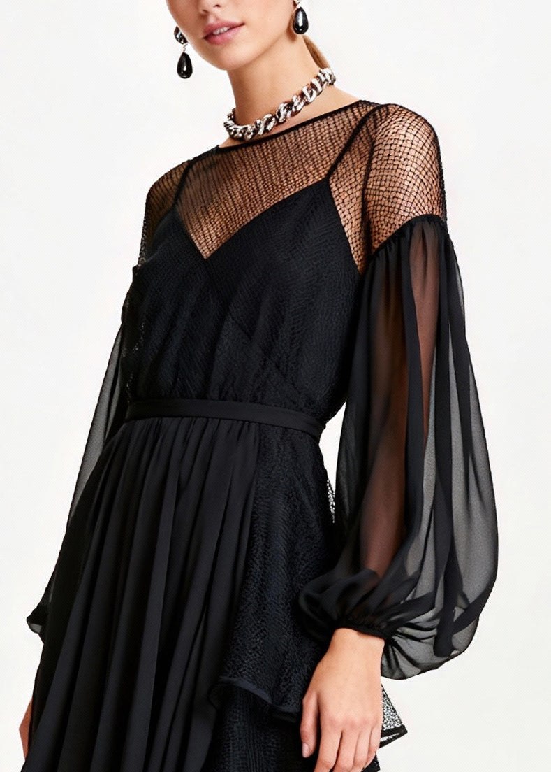 Mesh Illusion High Neck Bishop Sleeve Tiered Party Midi Dress - View 2