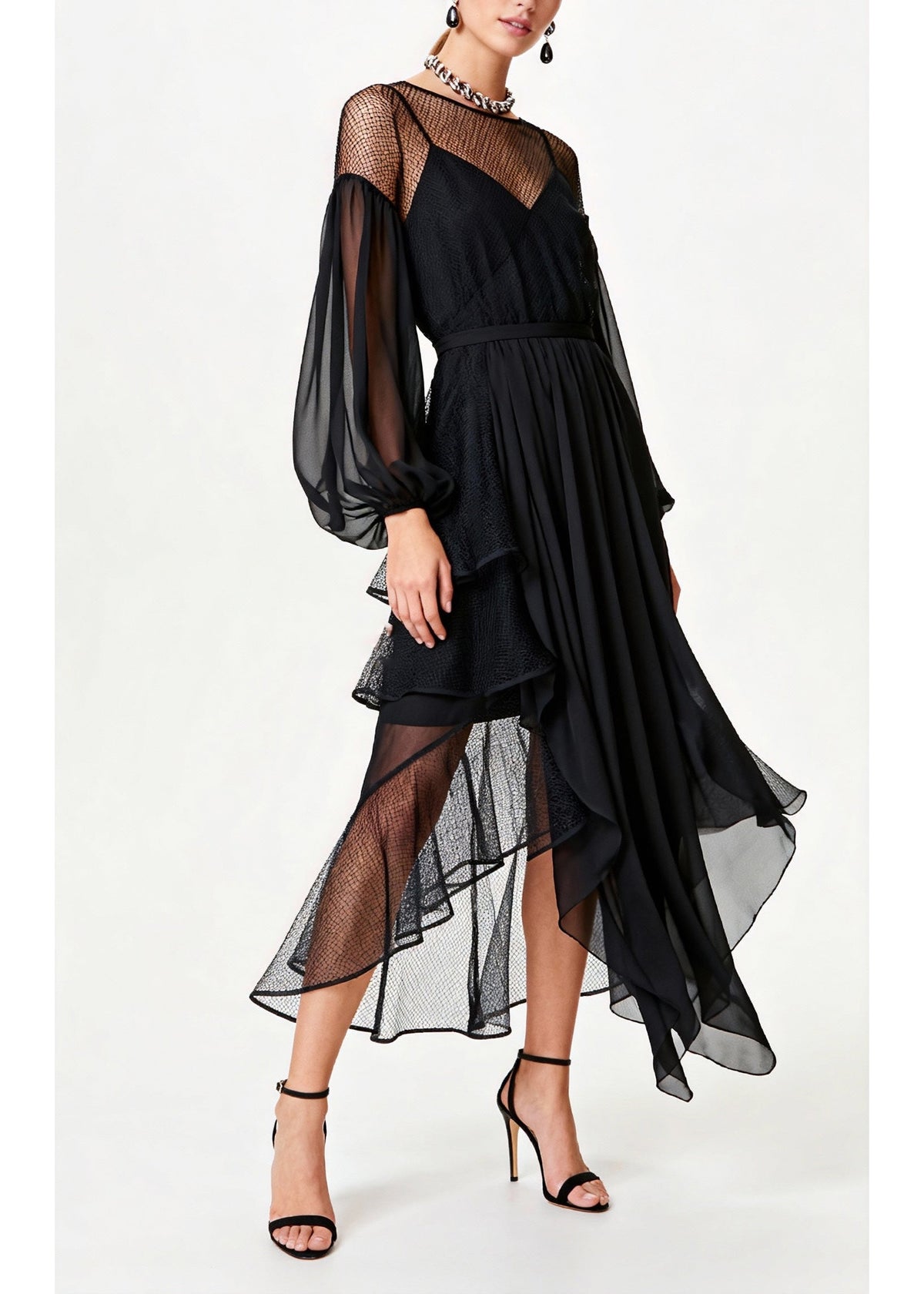 Mesh Illusion High Neck Bishop Sleeve Tiered Party Midi Dress - View 3