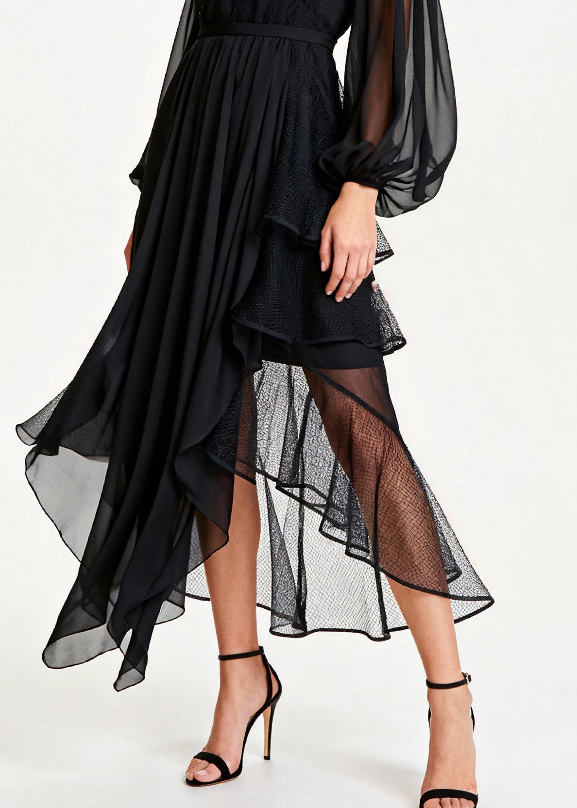 Mesh Illusion High Neck Bishop Sleeve Tiered Party Midi Dress - View 4