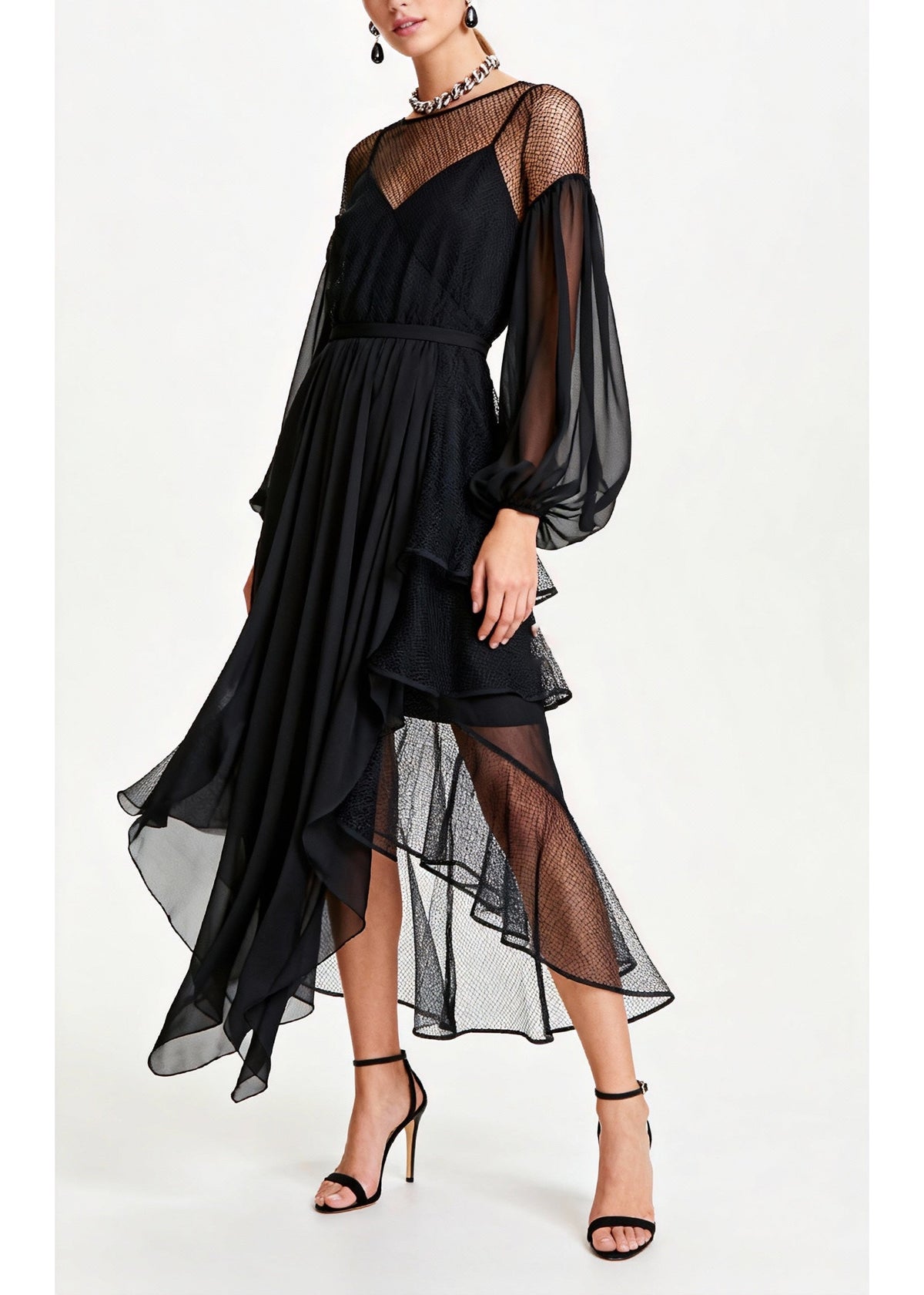 Mesh Illusion High Neck Bishop Sleeve Tiered Party Midi Dress - View 5
