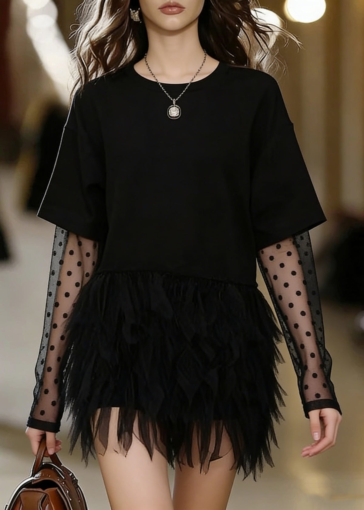Fashion Black Oversized Patchwork Tulle Mini Dress Summer - View 5