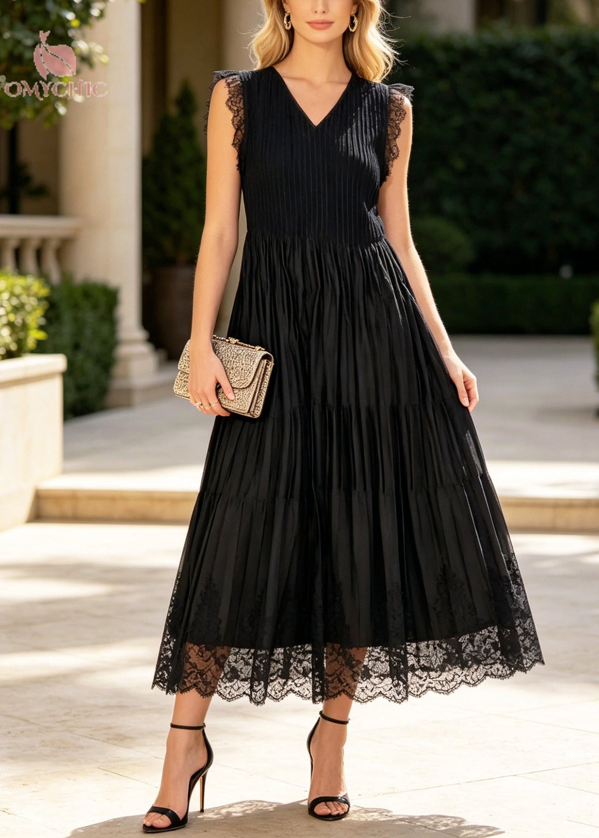 V-Neck Sleeveless Lace Trim Pleated Tiered Chiffon Midi Dress