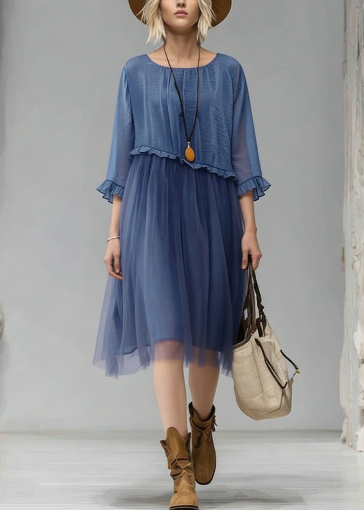 Fashion Blue O-Neck Ruffled Tulle Patchwork Chiffon Dress Summer - View 3
