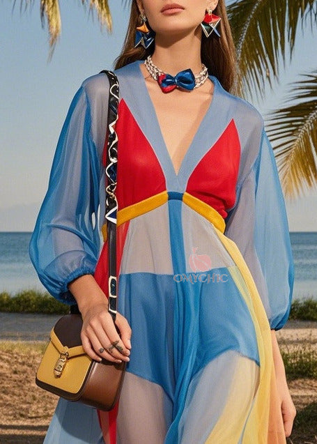 Fashion Blue V Neck Patchwork Tulle Maxi Dresses Summer - View 2