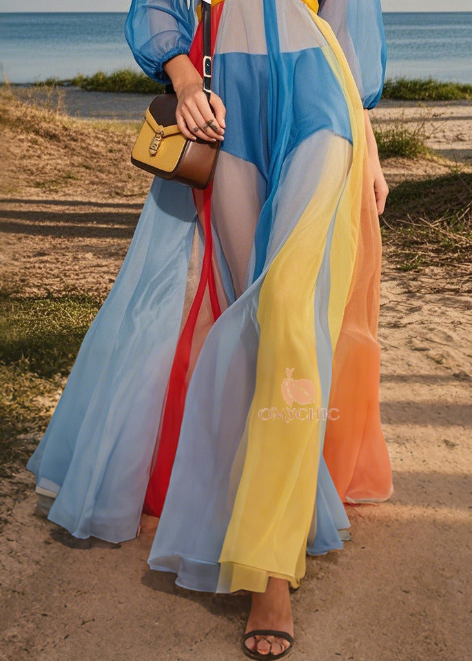Fashion Blue V Neck Patchwork Tulle Maxi Dresses Summer - View 4