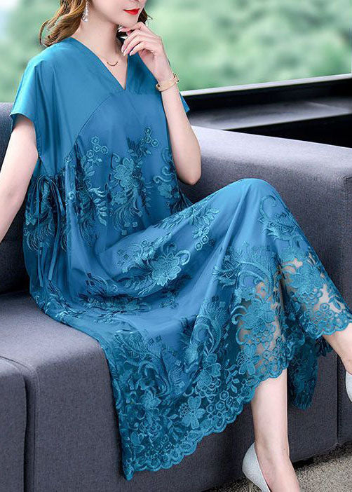 Short Sleeve V-Neck Floral Embroidery Mesh Overlay Tie Waist Midi Dress - View 2