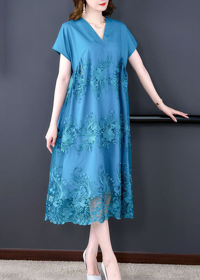 Short Sleeve V-Neck Floral Embroidery Mesh Overlay Tie Waist Midi Dress - View 3