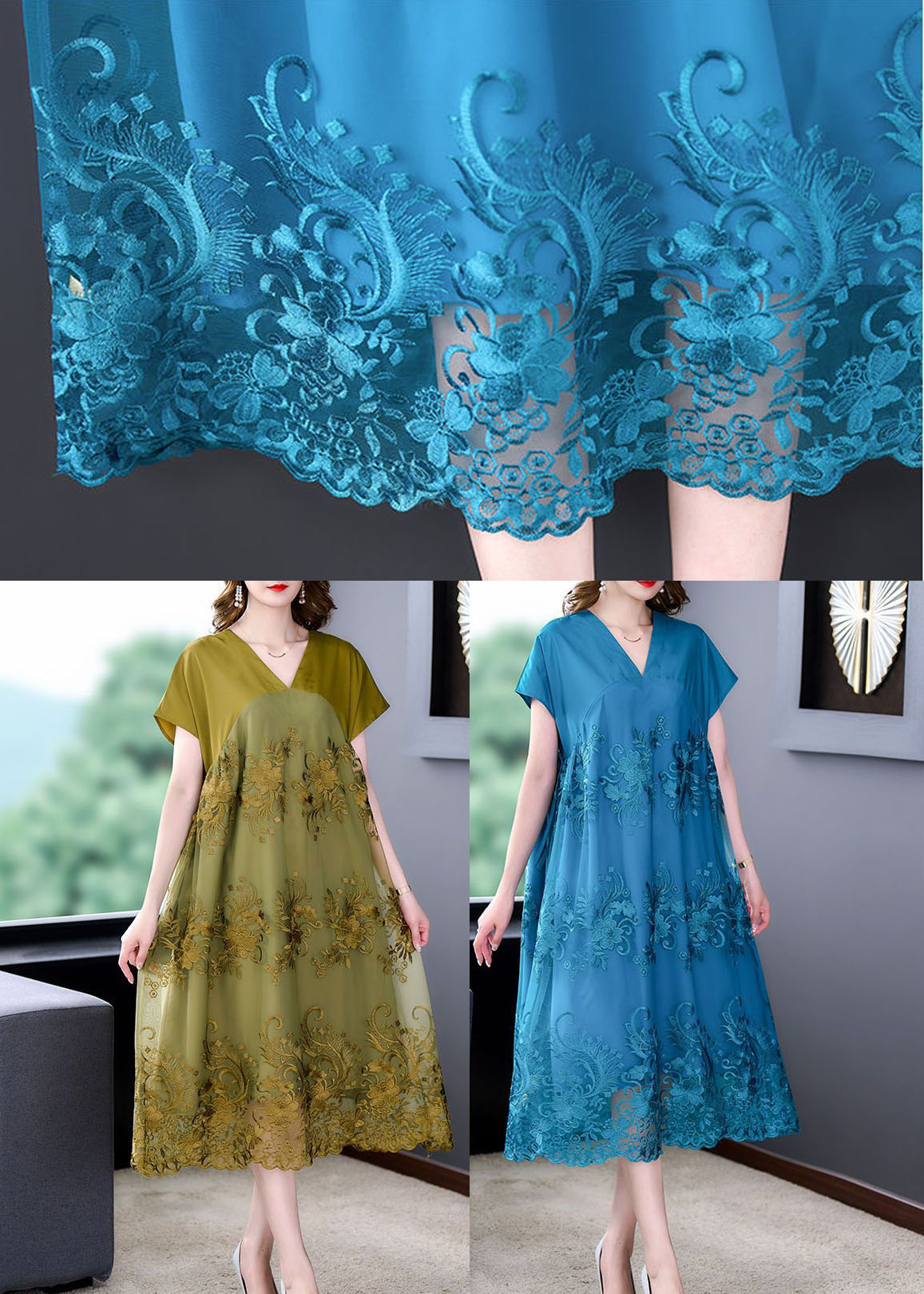 Short Sleeve V-Neck Floral Embroidery Mesh Overlay Tie Waist Midi Dress - View 5