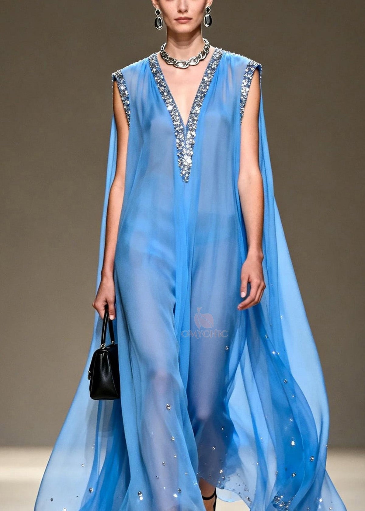 Sequin Trim Deep V-Neck Sleeveless Cape Back Sheer Maxi Gown - View 2
