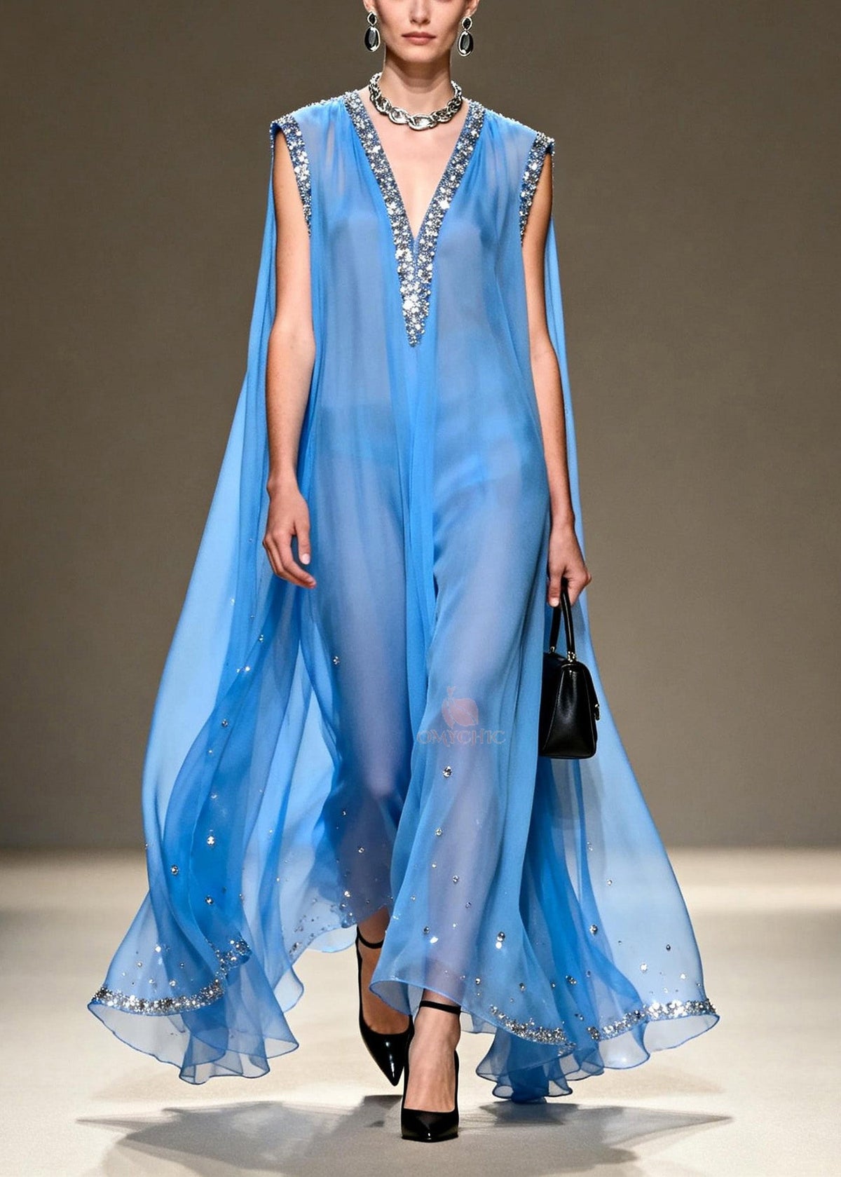 Sequin Trim Deep V-Neck Sleeveless Cape Back Sheer Maxi Gown - View 3