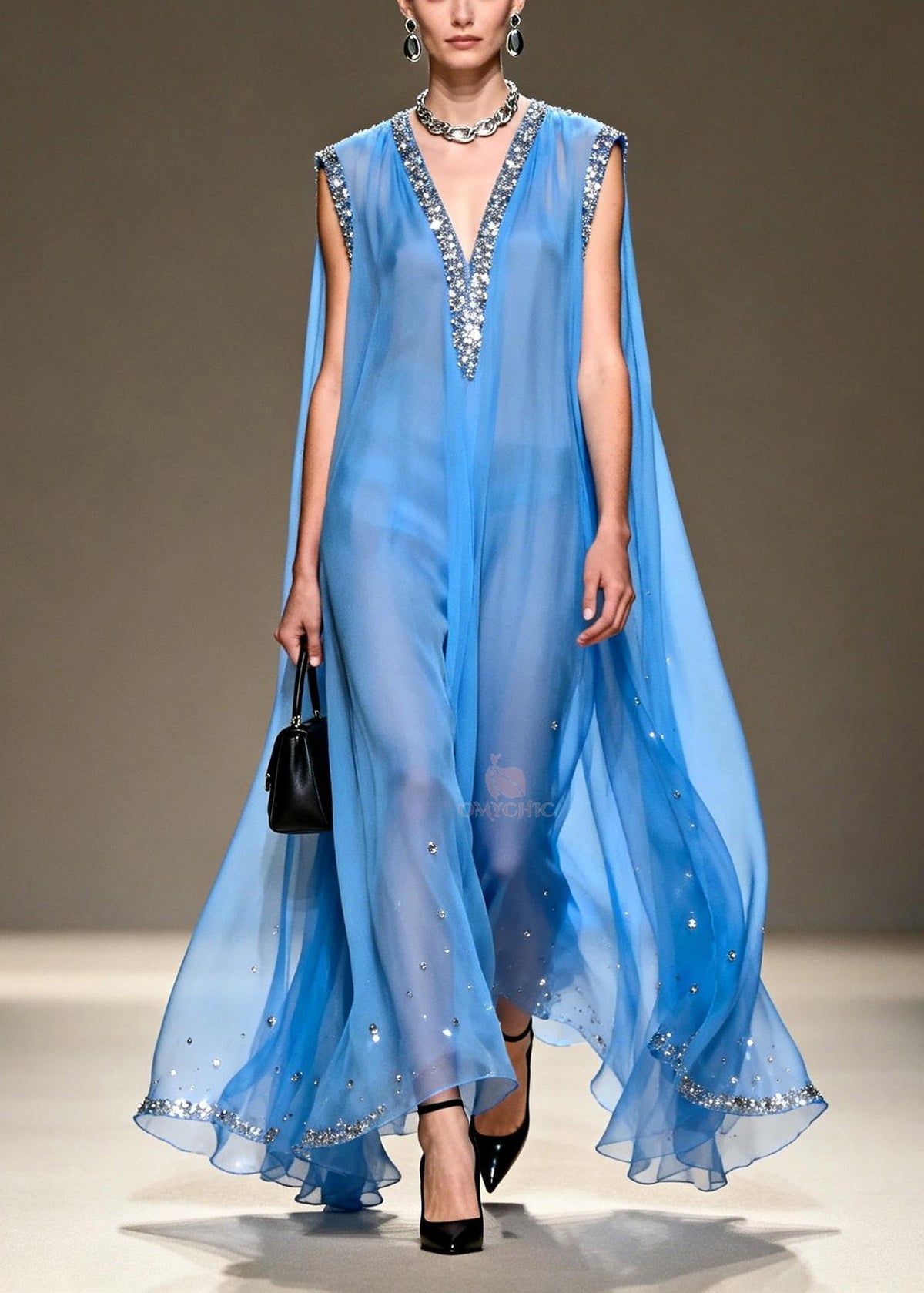 Sequin Trim Deep V-Neck Sleeveless Cape Back Sheer Maxi Gown - View 5