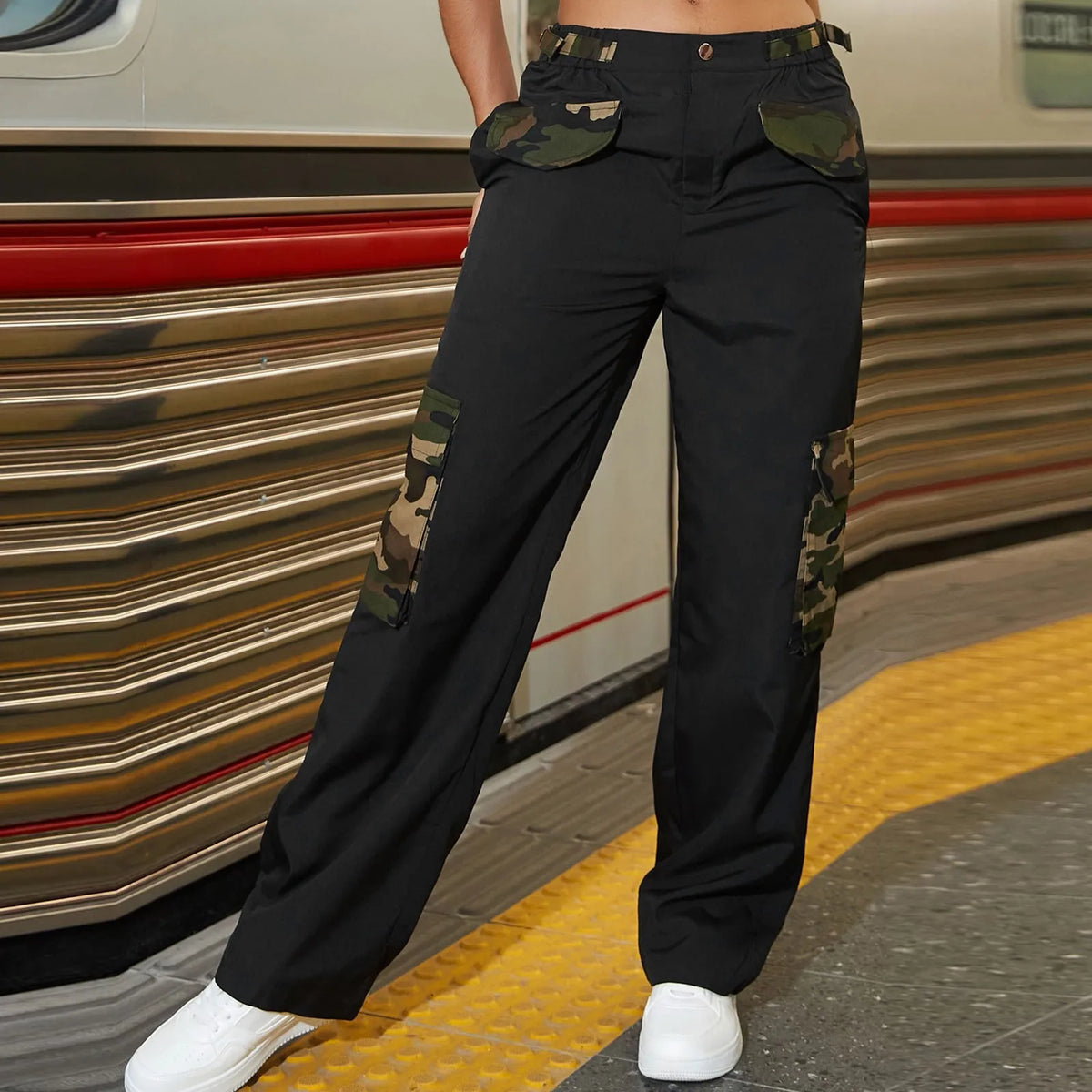 Camouflage Side Pocket Y2K Cargo Pants Black / L