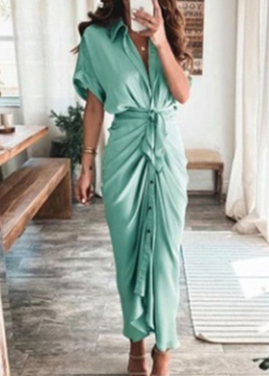 Satin Collar V-Neck Tie Waist Button Front Draped Midi Dress - View 2