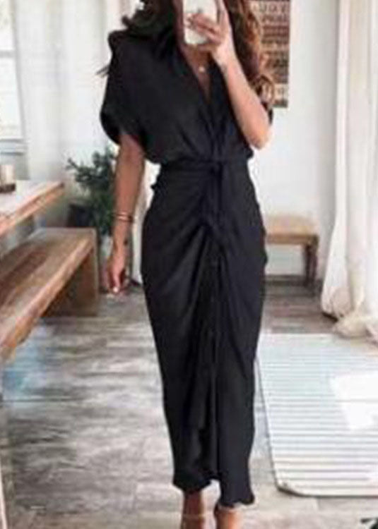 Satin Collar V-Neck Tie Waist Button Front Draped Midi Dress - View 3
