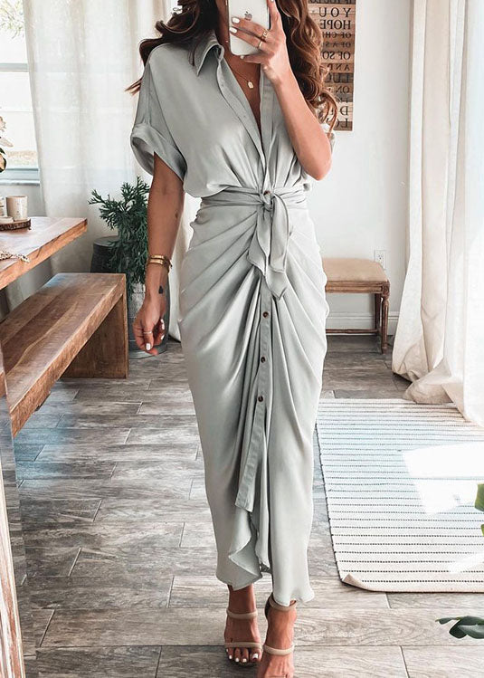 Satin Collar V-Neck Tie Waist Button Front Draped Midi Dress - View 4