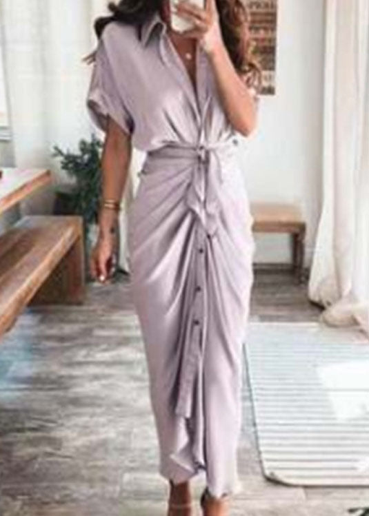 Satin Collar V-Neck Tie Waist Button Front Draped Midi Dress - View 5