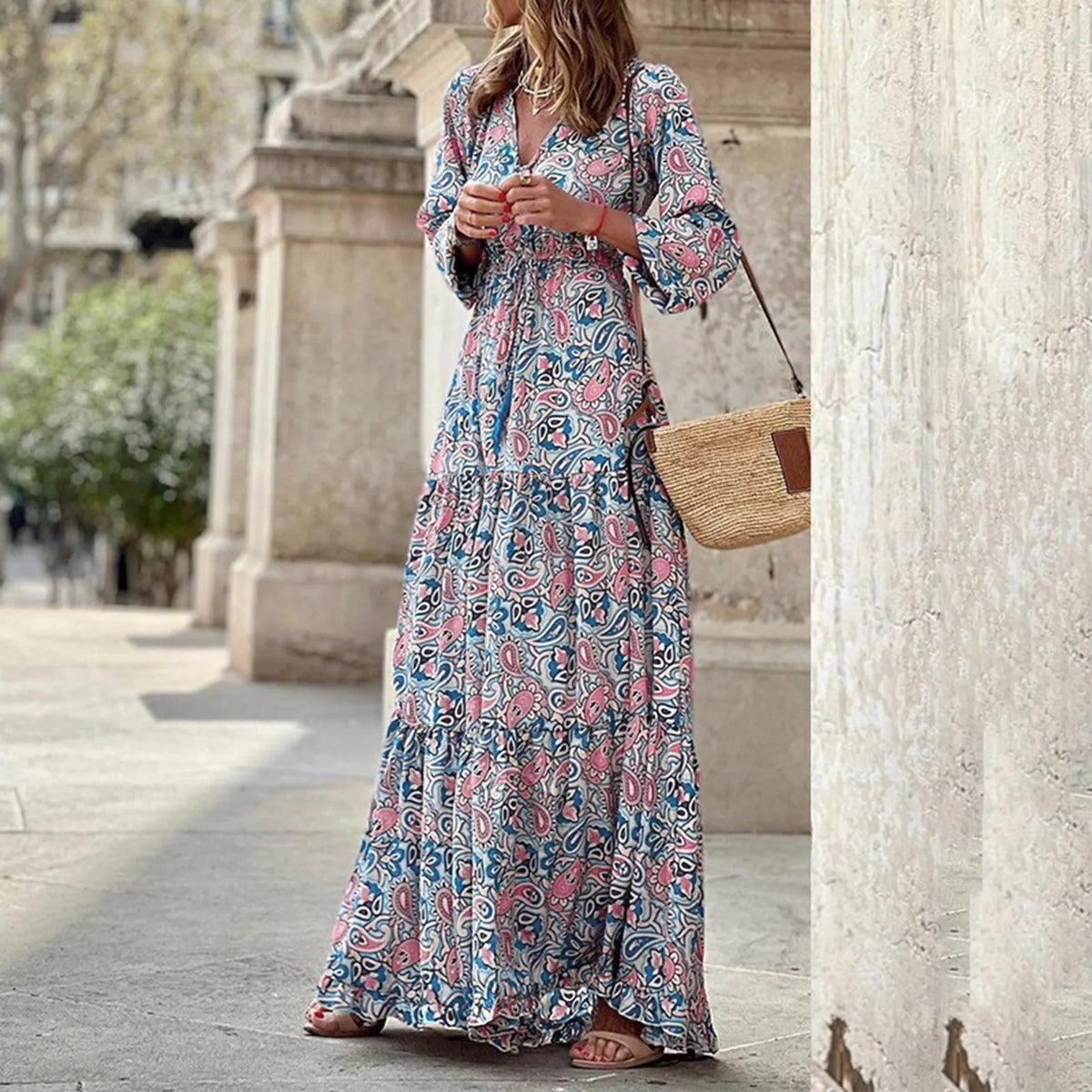 Paisley Print Deep V-Neck Long Sleeve Tiered Ruffle Maxi Dress - View 6