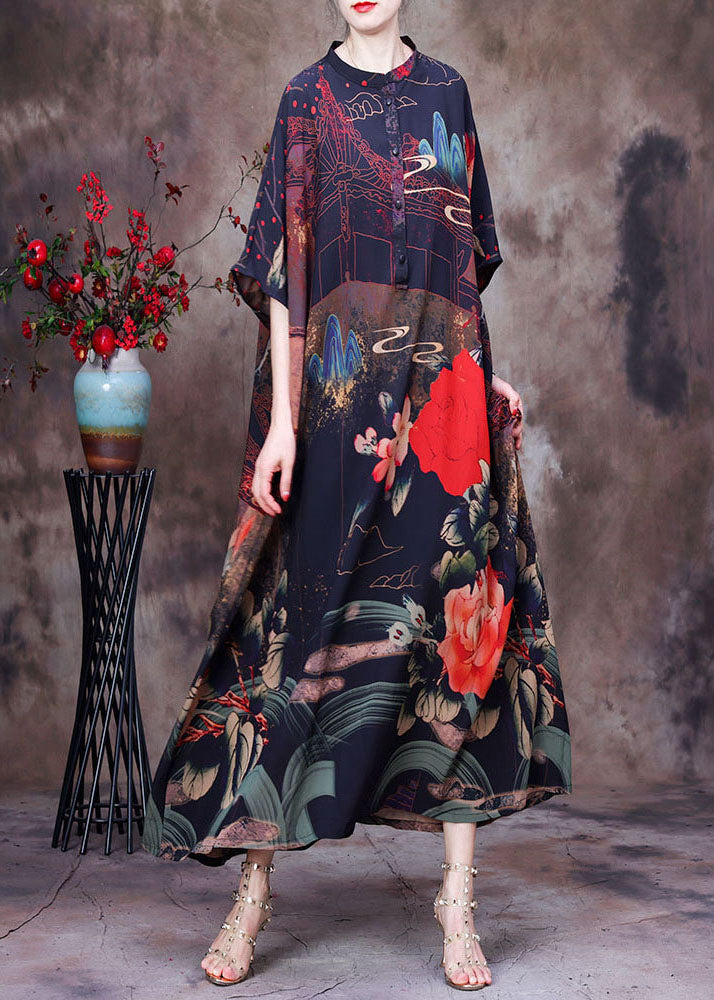 Stand Collar Batwing Sleeve Button Front Chiffon Maxi Dress