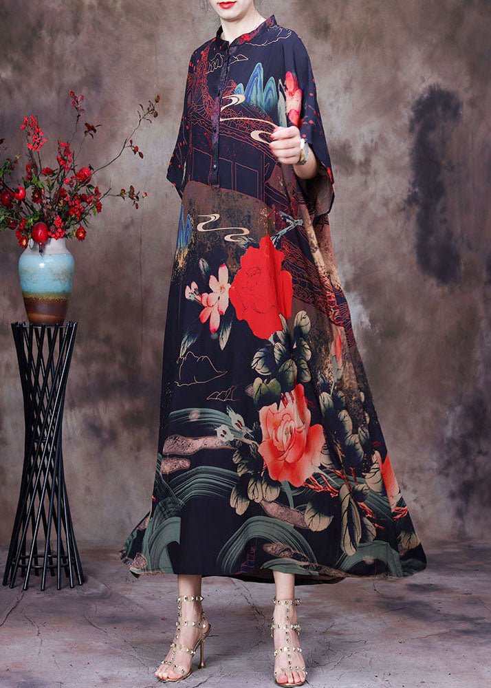 Stand Collar Batwing Sleeve Button Front Chiffon Maxi Dress - View 2