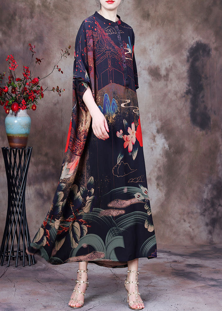 Stand Collar Batwing Sleeve Button Front Chiffon Maxi Dress - View 3