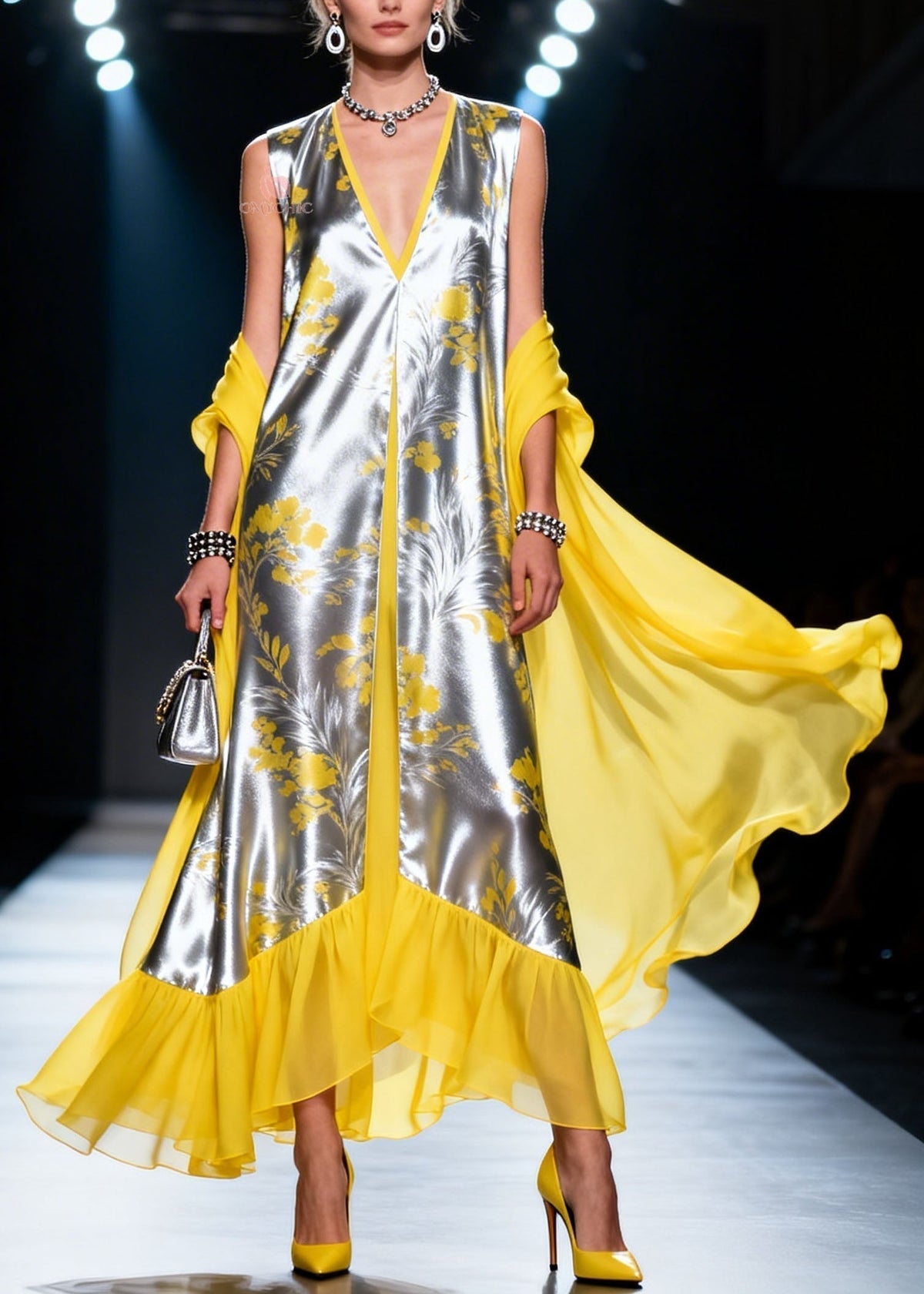 Metallic Floral Print Deep V-Neck Sleeveless Sheer Cape Maxi Gown