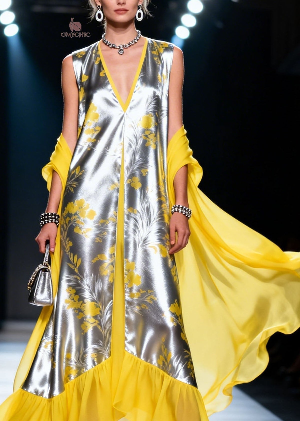Metallic Floral Print Deep V-Neck Sleeveless Sheer Cape Maxi Gown - View 2