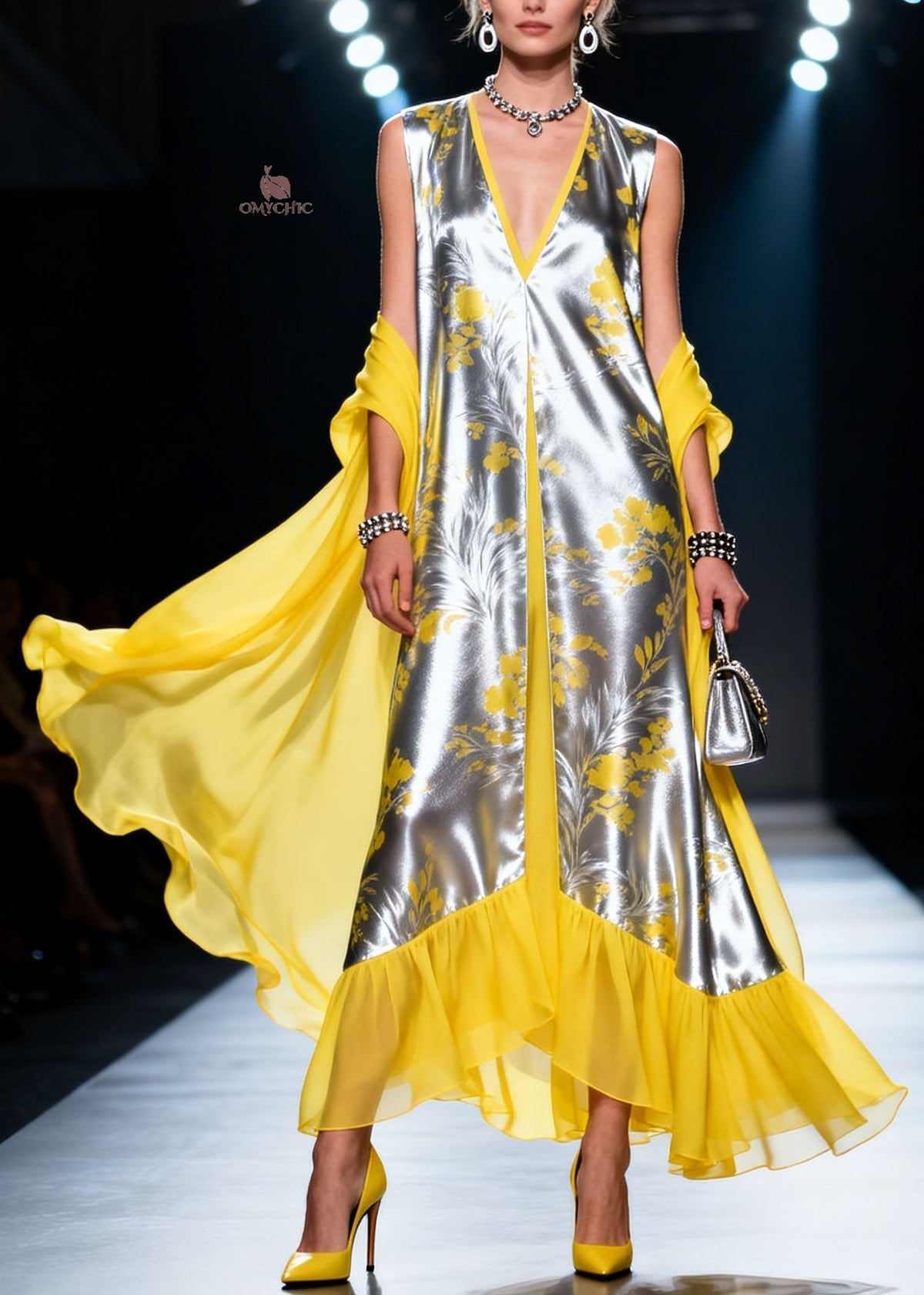 Metallic Floral Print Deep V-Neck Sleeveless Sheer Cape Maxi Gown - View 3