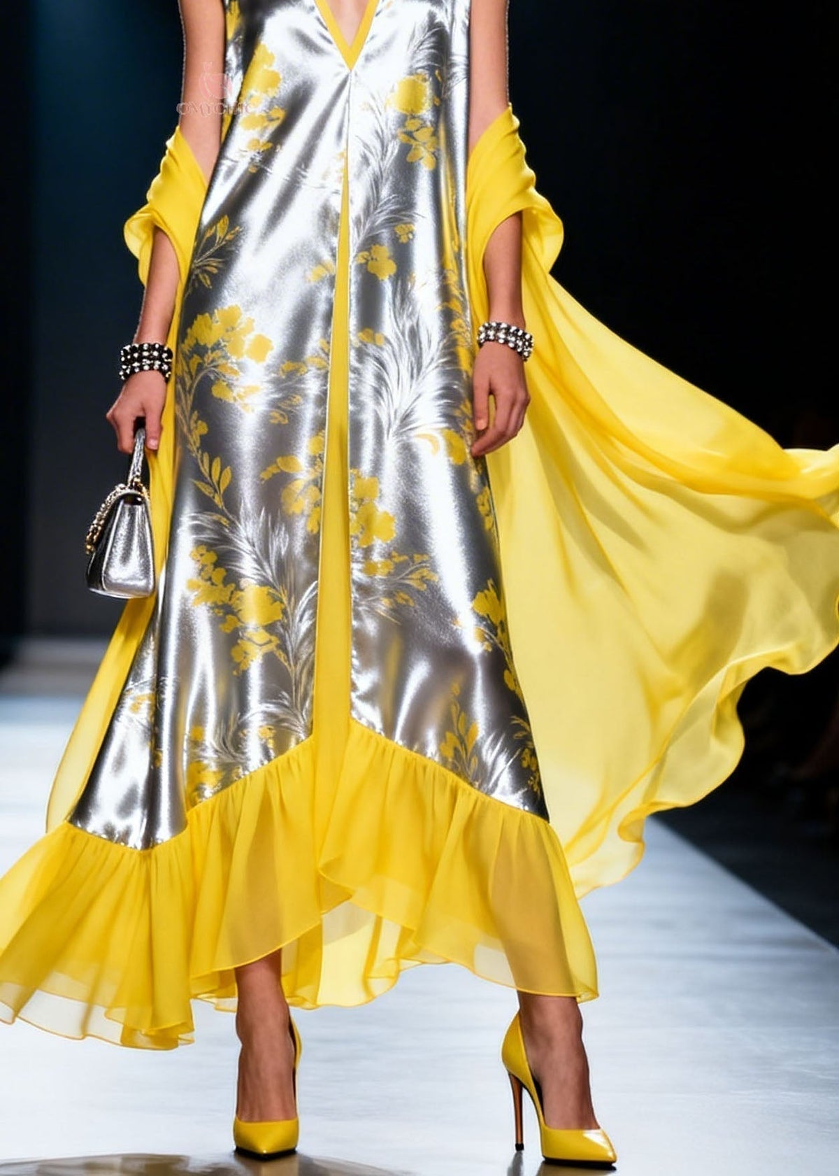 Metallic Floral Print Deep V-Neck Sleeveless Sheer Cape Maxi Gown - View 4