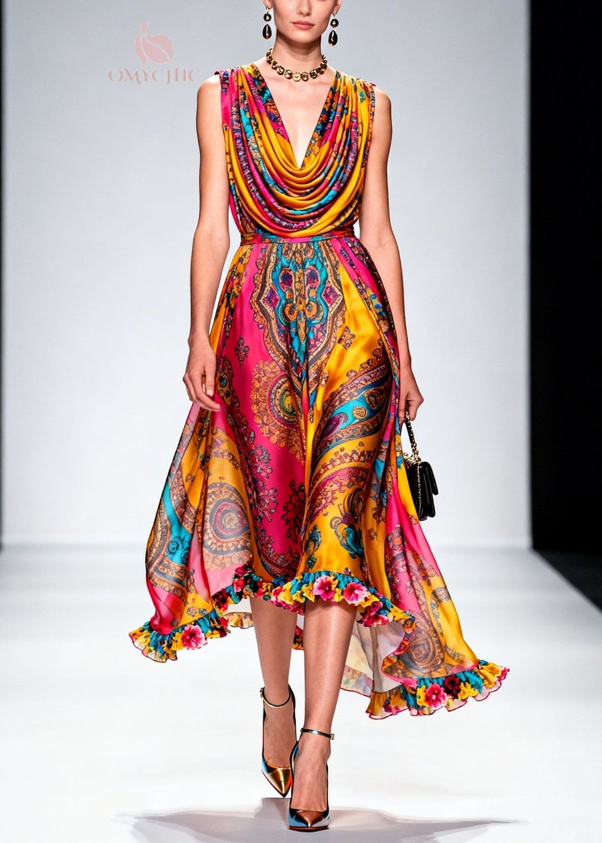 Fashion Draped Neckline Ruffled Print Chiffon Dresses Summer - View 3