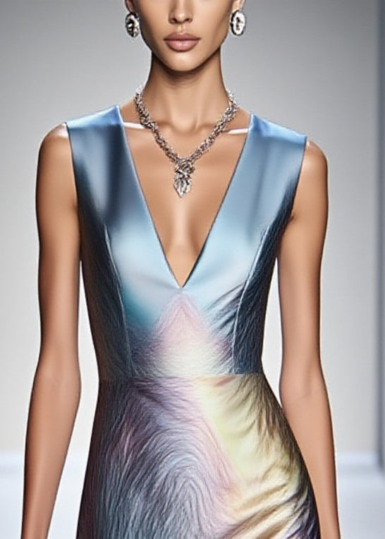 Satin Deep V-Neck Sleeveless Marble Print A-Line Midi Dress - View 2