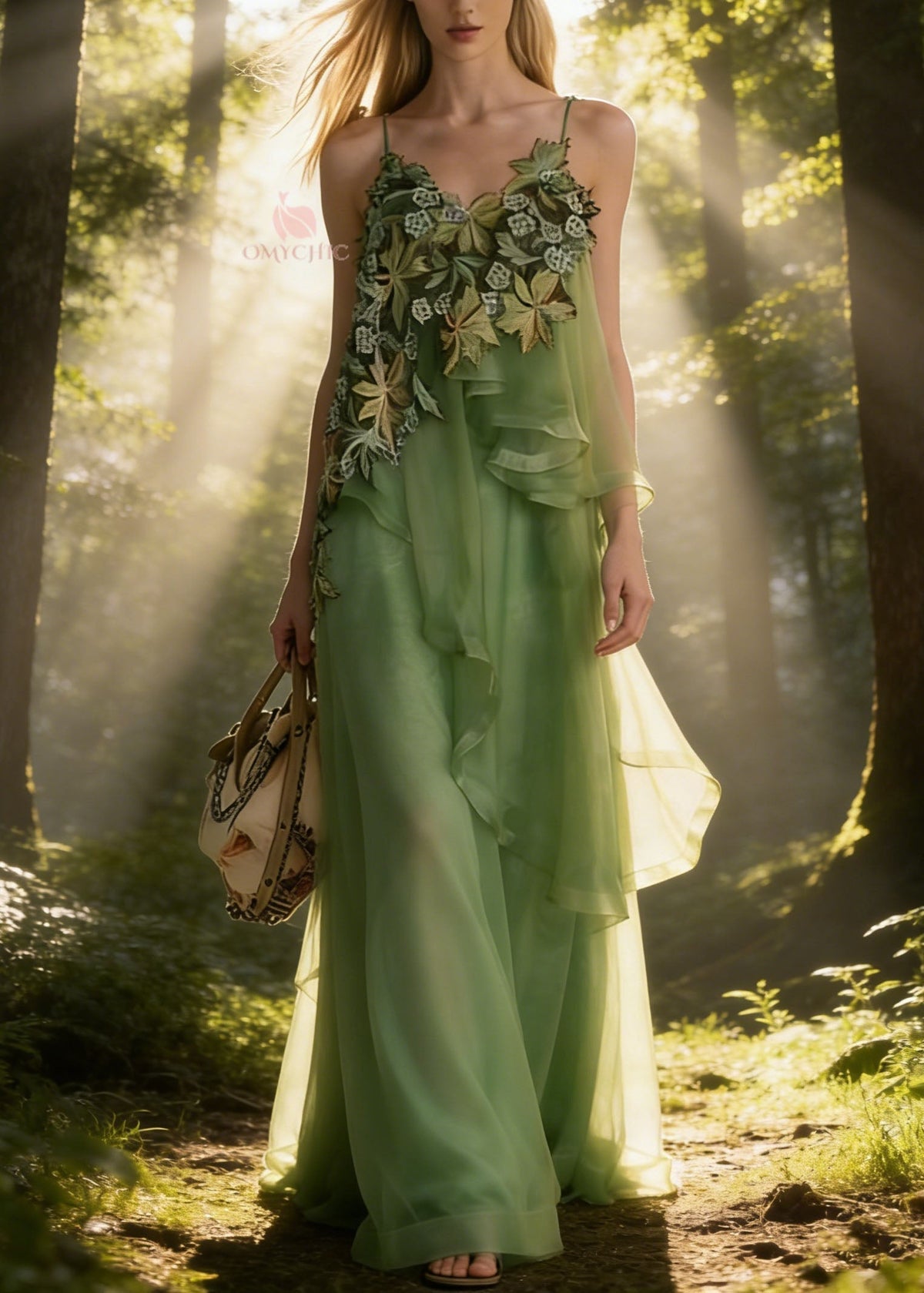 Green Asymmetrical Patchwork Tulle Spaghetti Strap Dress