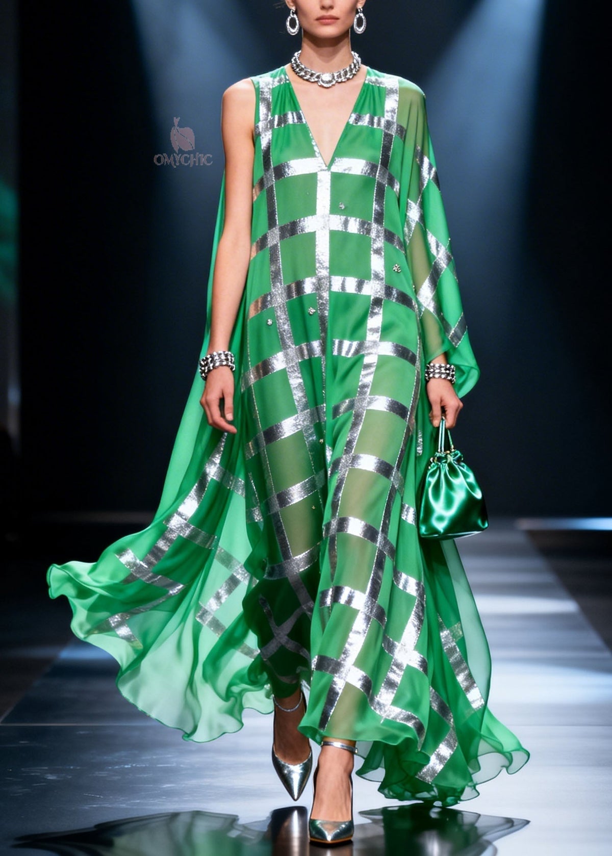 Metallic Grid Check Crystal Embellished V-Neck Maxi Gown