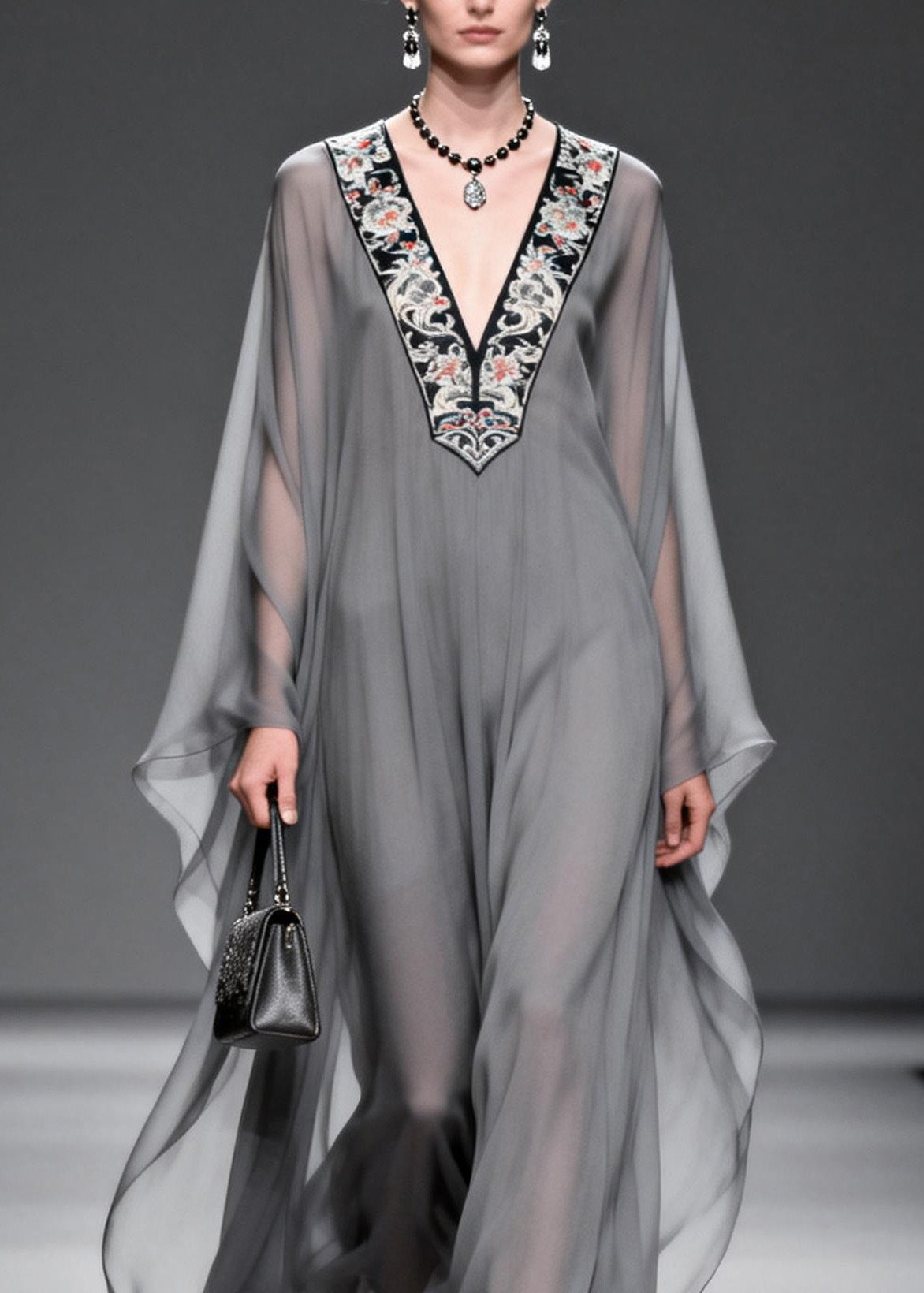 Fashion Grey V Neck Print Patchwork Chiffon Maxi Dresses Spring - View 2