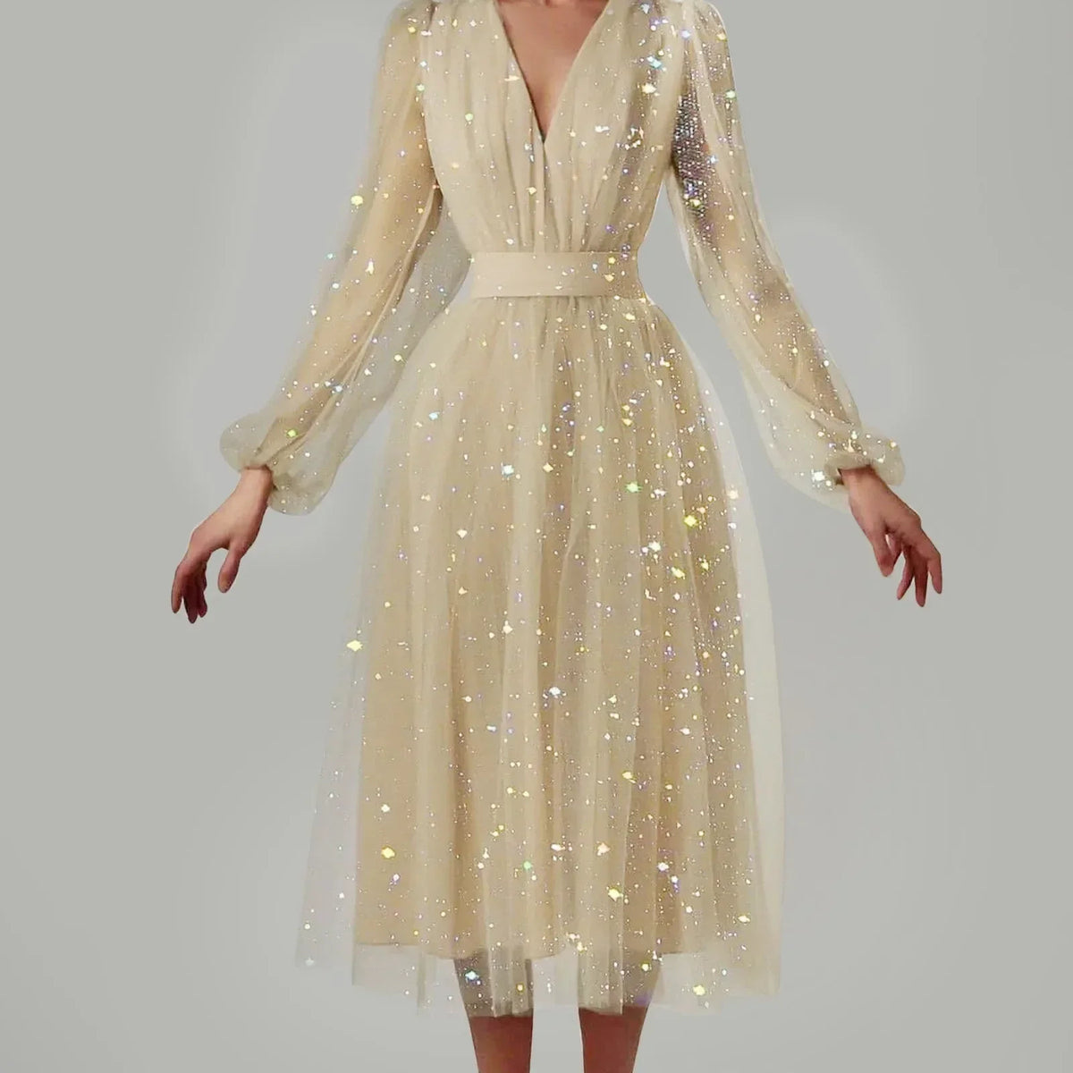 Glitter Tulle Deep V-Neck Bishop Sleeve Wide A-Line Midi Dress