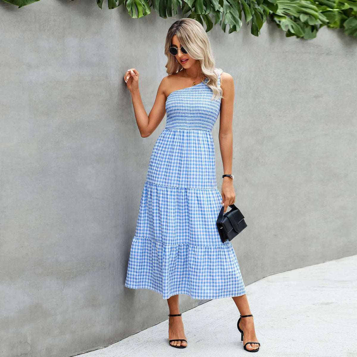 Gingham One Shoulder Sleeveless Tiered Maxi Dress - View 4