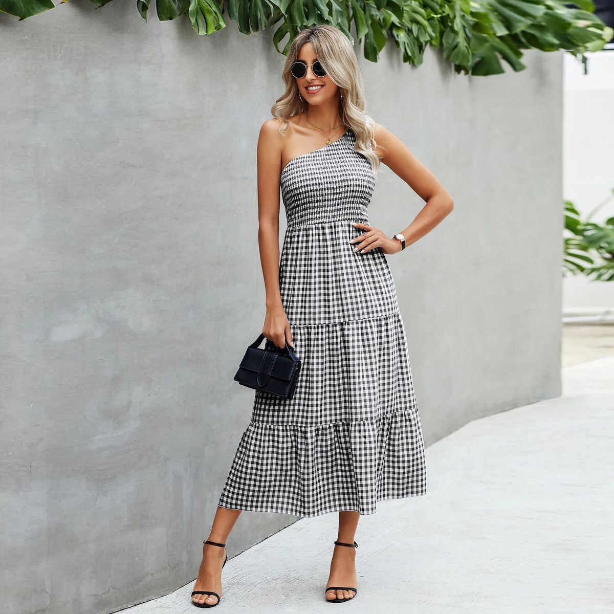 Gingham One Shoulder Sleeveless Tiered Maxi Dress - View 6