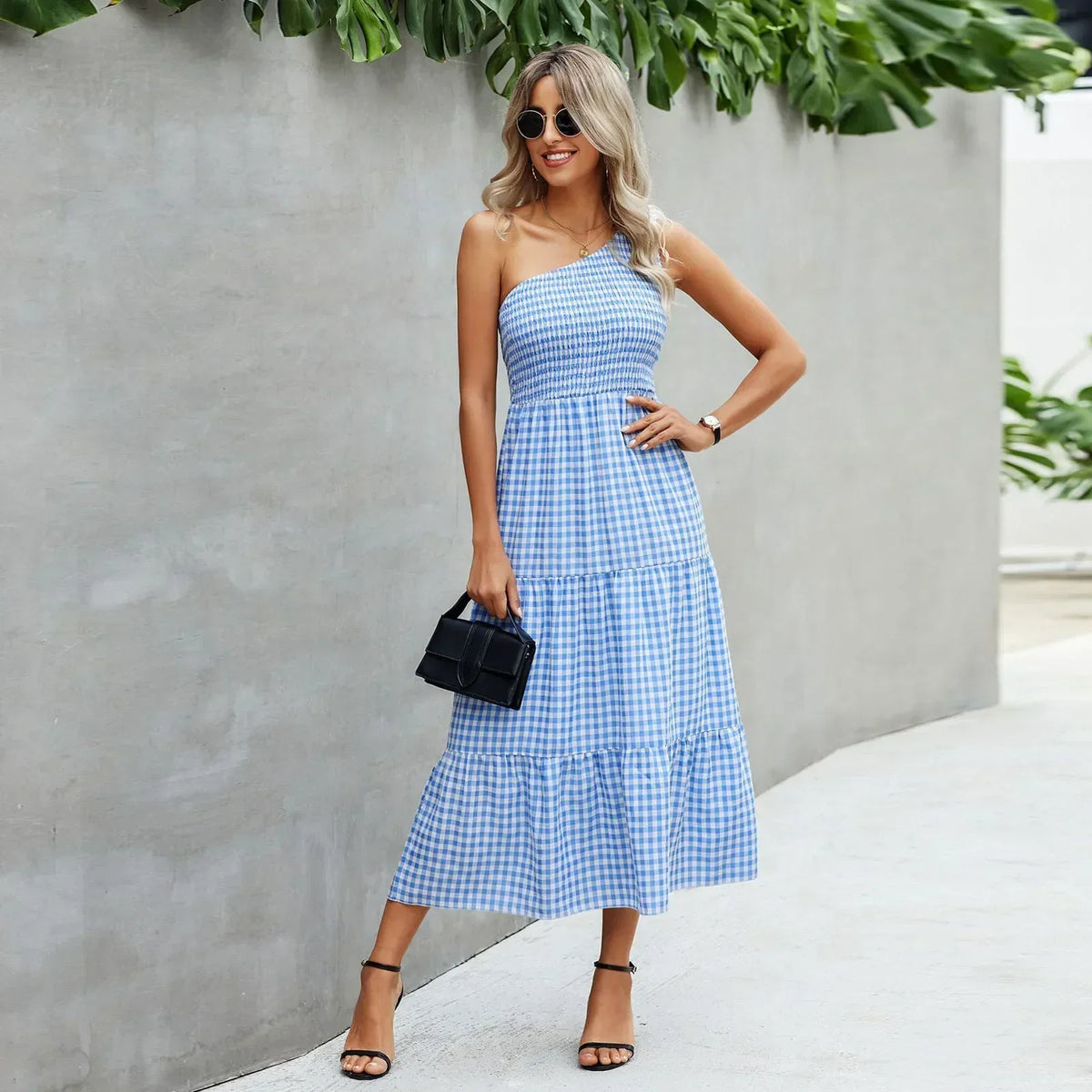Gingham One Shoulder Sleeveless Tiered Maxi Dress - View 7