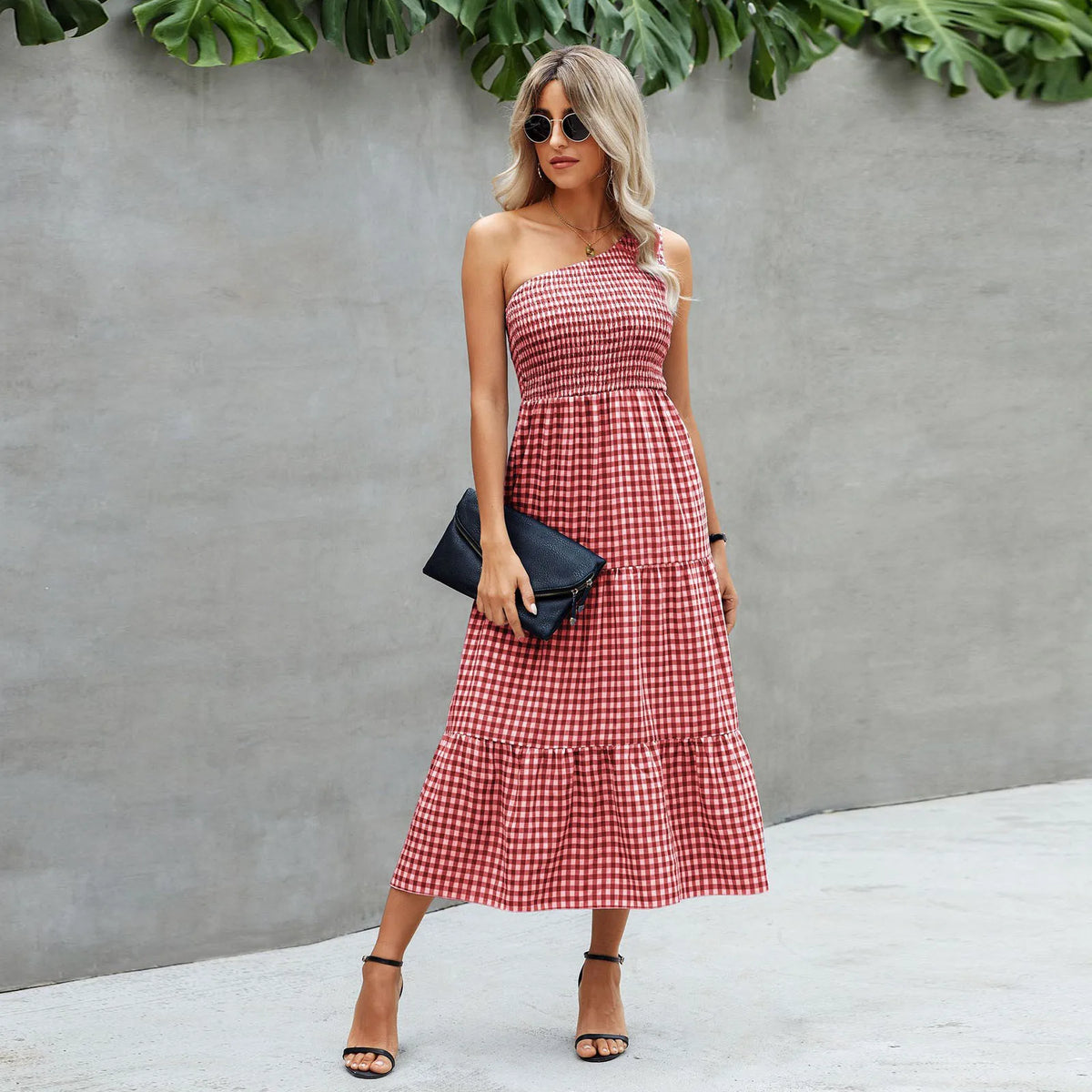 Gingham One Shoulder Sleeveless Tiered Maxi Dress - View 2