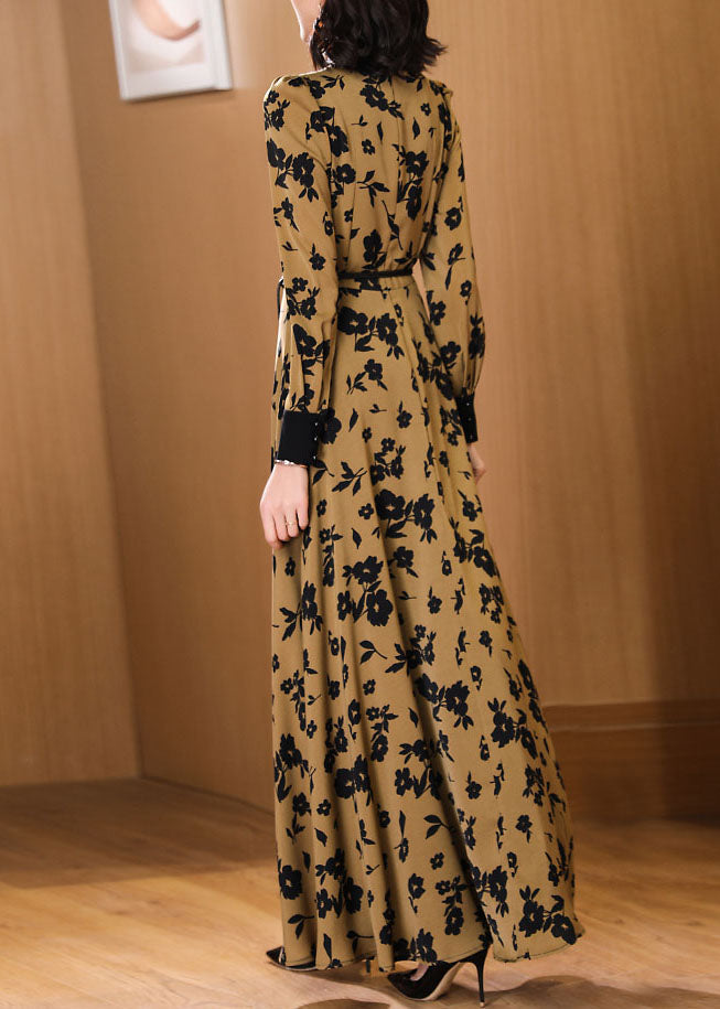 Fashion Peter Pan Collar Print High Waist Tie Waist Chiffon Maxi Dresses Fall - View 5