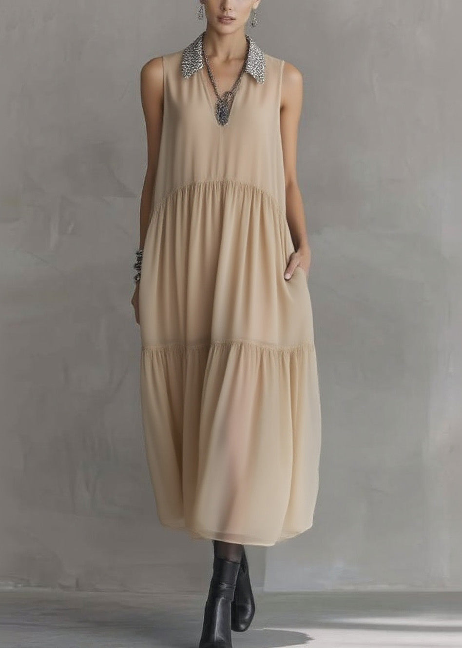 Chiffon Sequin Collar V-Neck Sleeveless Tiered Pocket Midi Dress - View 5