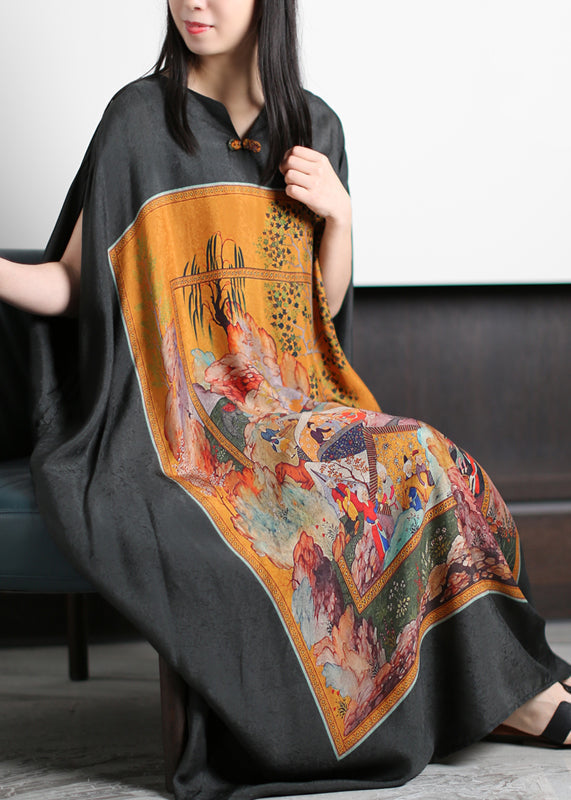 Graphic Panel Print Frog Button Batwing Sleeve Kaftan Maxi Dress - View 5
