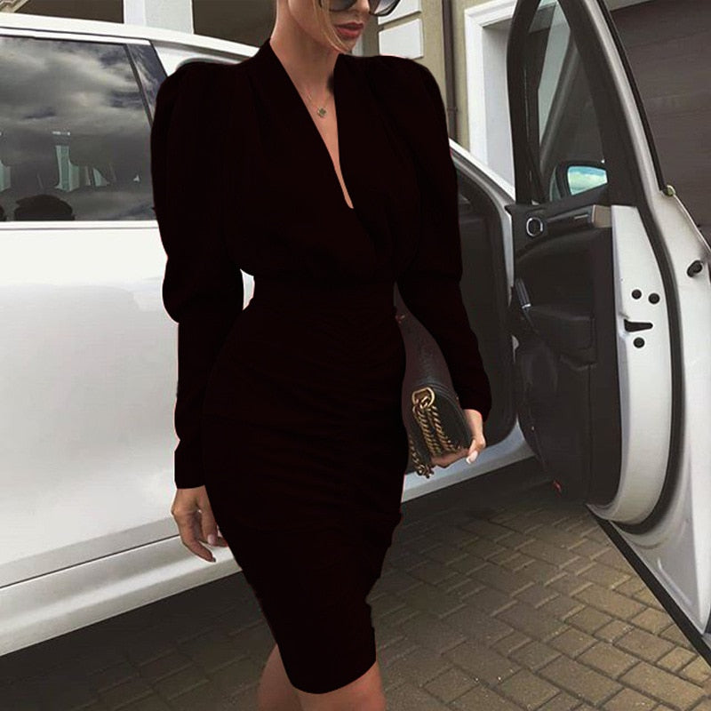 Deep V-Neck Puff Shoulder Long Sleeve Ruched Wrap Waist Midi Dress - View 4