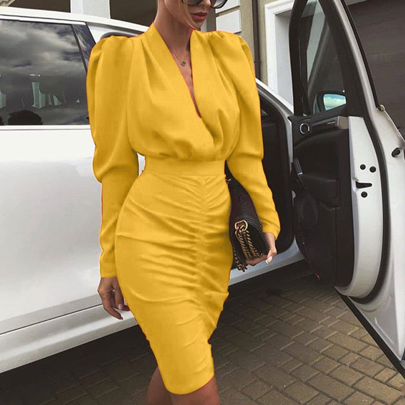 Deep V-Neck Puff Shoulder Long Sleeve Ruched Wrap Waist Midi Dress - View 2