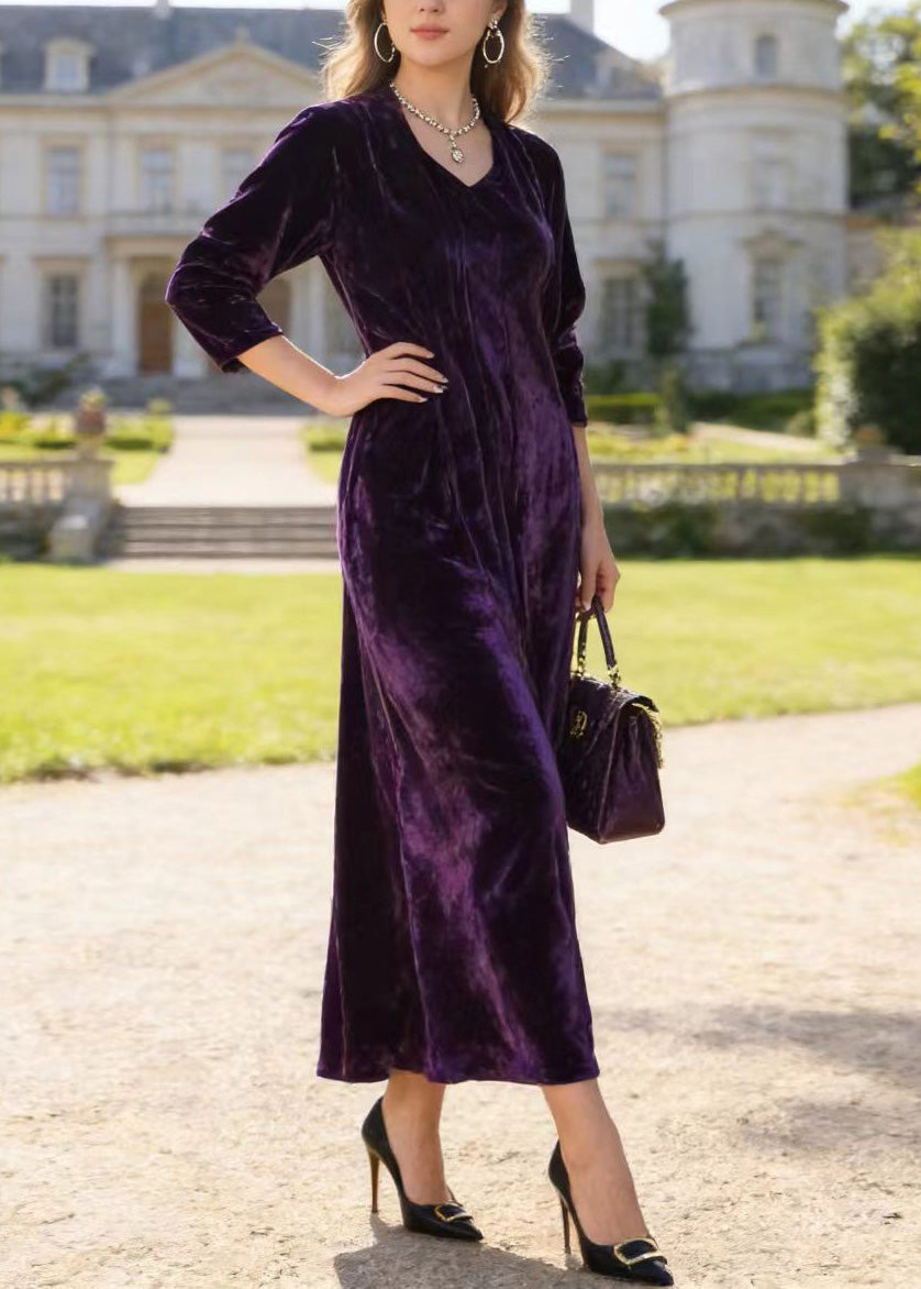 Velvet V-Neck Three Quarter Sleeve Relaxed A-Line Maxi Dress - View 3